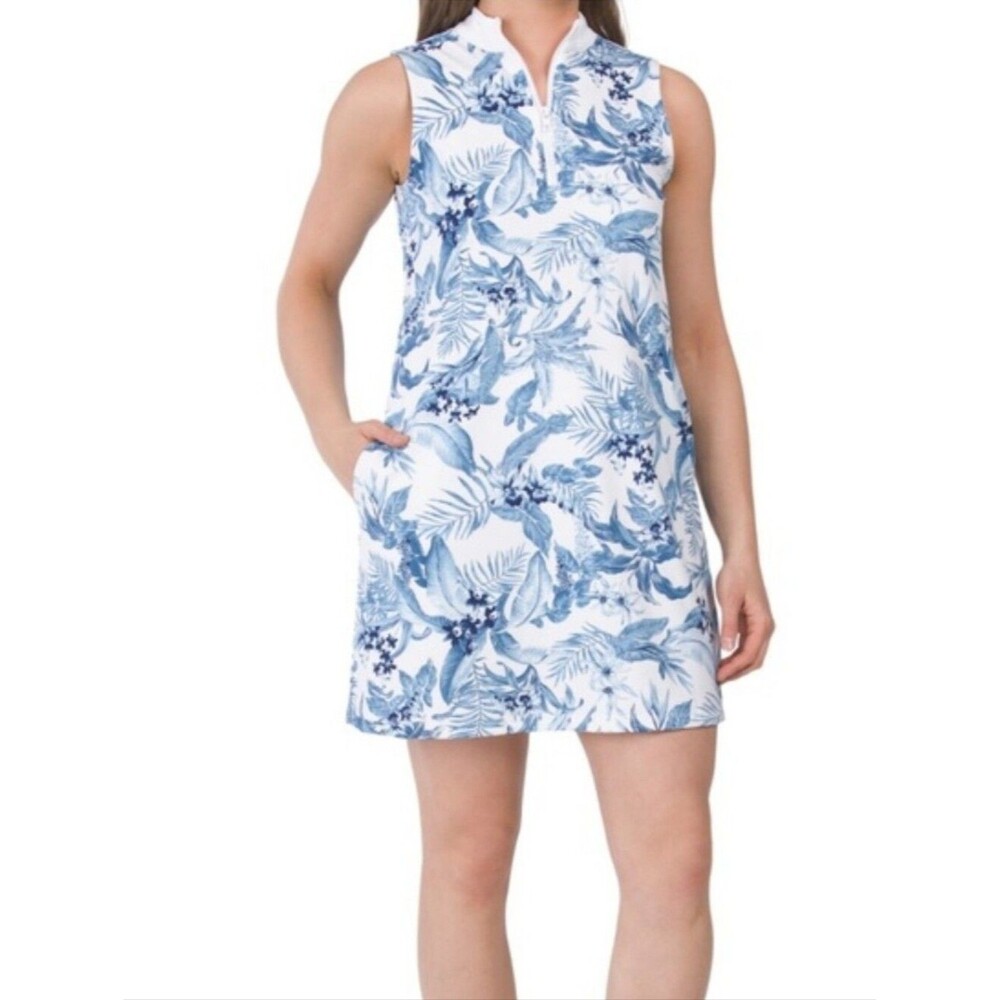 Tommy Bahama golf Aubrey Island Zone Dress Blue White tropical palm print large
